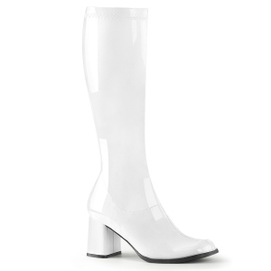 Bottes blanches en cuir verni annes 70 - hippie disco gogo botte haute  talon carr 7,5 cm