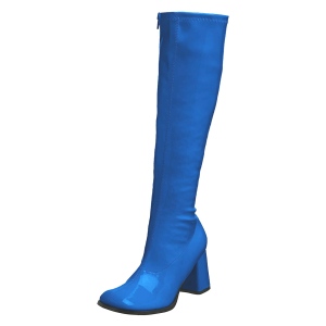 Bottes bleues en cuir verni annes 70 - hippie disco gogo botte haute  talon carr 7,5 cm