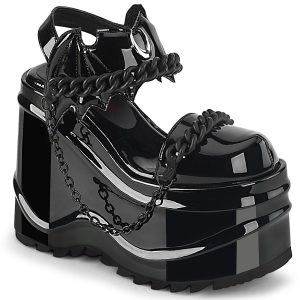 Verni Noir 15 cm DemoniaCult WAVE-20 lolita sandale talon compens plateforme