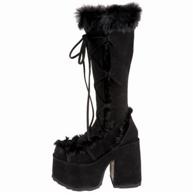 311 Demonia High-hauts Plateforme Bottes Noir Velour avec fourrure naturelle Camel