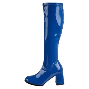 Bottes bleues en cuir verni annes 70 - hippie disco gogo botte haute  talon carr 7,5 cm