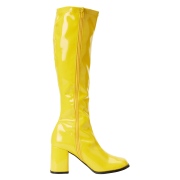 Bottes jaunes en cuir verni annes 70 - hippie disco gogo botte haute  talon carr 7,5 cm