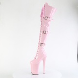 Vernis 23 cm INFINITY-3028 bottes cuissardes femme talons hauts avec boucles rose